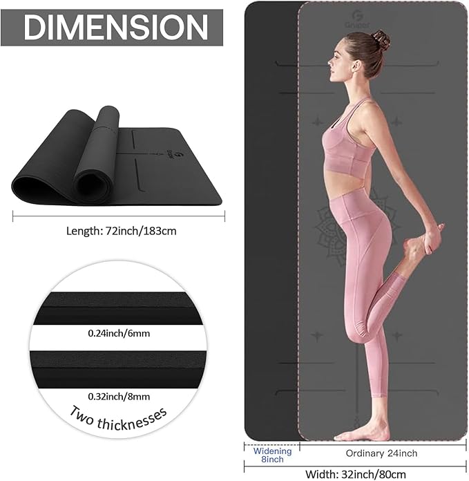 Yoga Mat Non Slip TPE Extra Wide Yoga Mat with Alignment Mark, 72"L x 32"W x 0.32"/0.24"Th (183cm x 80cm x 8mm/6mm), Anti-Tear Exercise Mat with Carrying Strap and Bag, Workout Mats for Yoga, Pilates