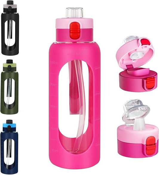 ANOTION 40OZ Glass Water Bottle, Large Sports Water Bottle with Dual-Drink Lid Clear Leakproof Glass Bottles with Straw, Motivational Jug with Silicone Sleeve and Time Marker for Travel Gym-Pink