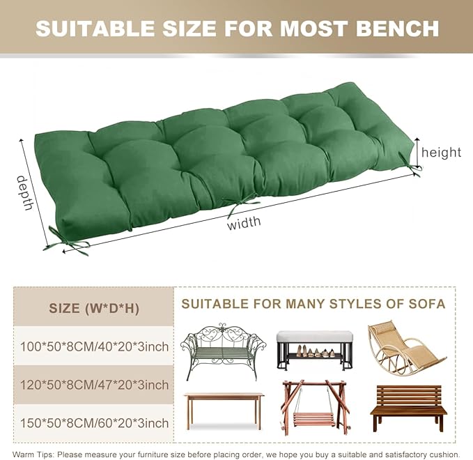 Outdoor Bench Cushion 60inches Waterproof & Fade Resistant Patio Furniture Cushions Tufted Fresh Porch Swing Lounger Loveseat Pads with Straps(Dark green-60x20in)
