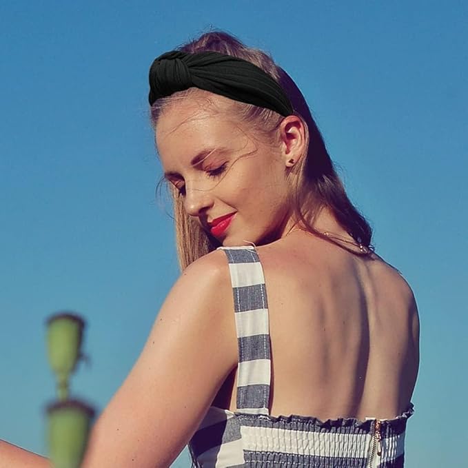 Madison Tyler Headbands for Women | Fashion Boho Headbands Top Knotted With Rhinestones Elastic Workout Hairbands | Outdoor and Party Headbands for Women Non Slip. (Black)