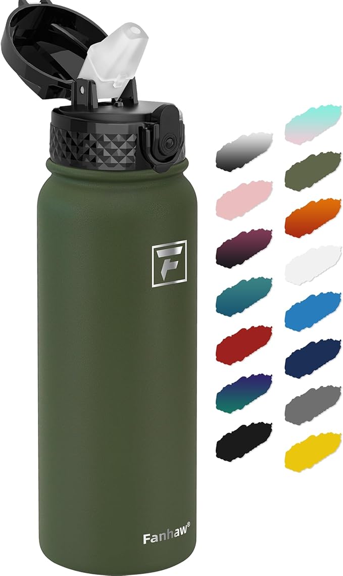 Fanhaw 20 Oz Stainless Steel Insulated Sports Water Bottles with Straw for Kids, Men and Women (Olive Green)