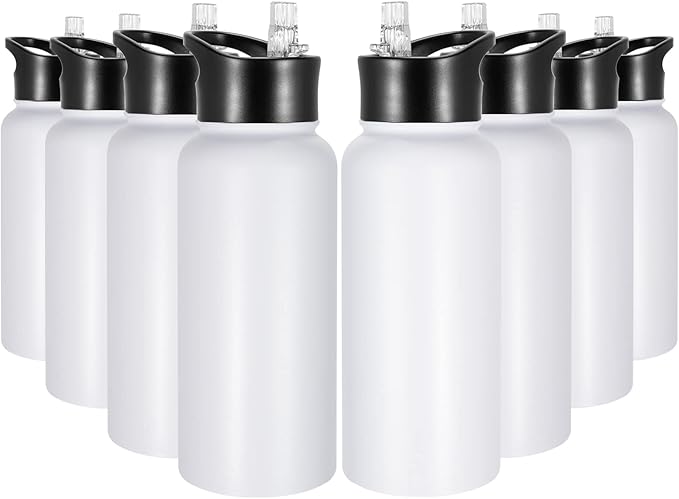 32 oz Insulated Water Bottle Bulk 8 Pack, Stainless Steel Sports Water Bottles with Straw Lid & Wide Mouth Lids, Double Walled Vacuum, Leak Proof, White