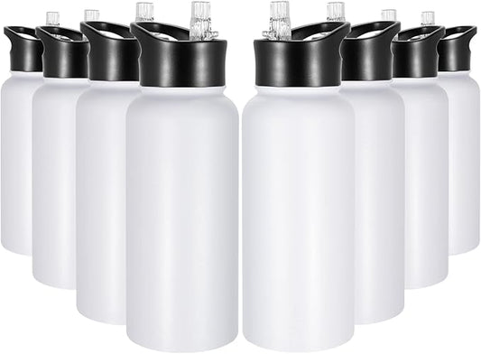 32 oz Insulated Water Bottle Bulk 8 Pack, Stainless Steel Sports Water Bottles with Straw Lid & Wide Mouth Lids, Double Walled Vacuum, Leak Proof, White