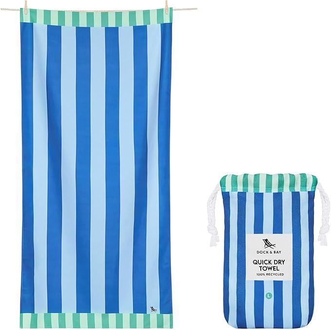 Dock & Bay Beach Towel - Quick Dry, Sand Free - Compact, Lightweight - 100% Recycled - Includes Bag - Blue Sky - Large (160x90cm, 63x35)