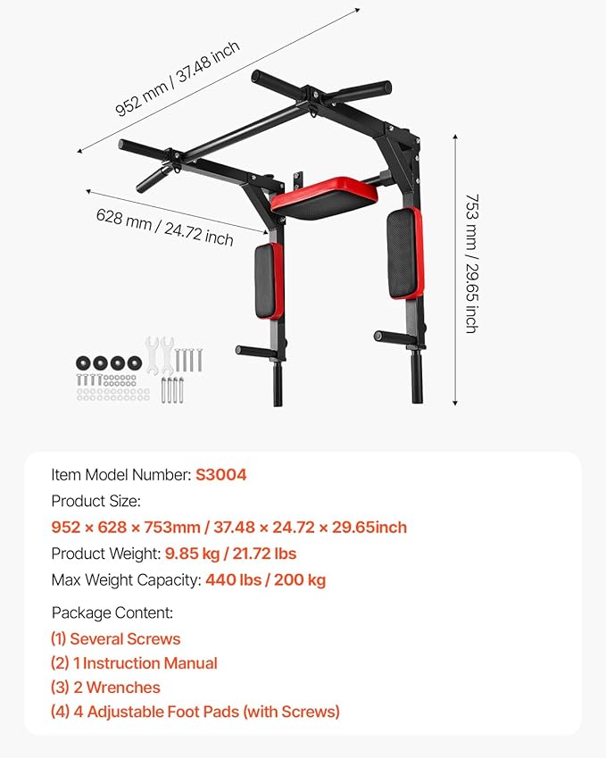 VEVOR Multifunctional Pull Up Bar, Wall Mounted Chin Up Bar Dip Station for Home Gym, Heavy Duty Steel Upper Body Workout Pull Ups, Power Tower Set Training Equipment Fitness, 440 lbs Weight Capacity