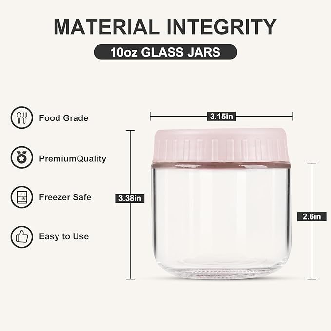 Overnight Oats Containers with Lids, 10oz Glass Jars with Lids 2 pcs, Pink, Wide Mouth Mason jars for Salad, Yogurt, Snacks, Meal Prep