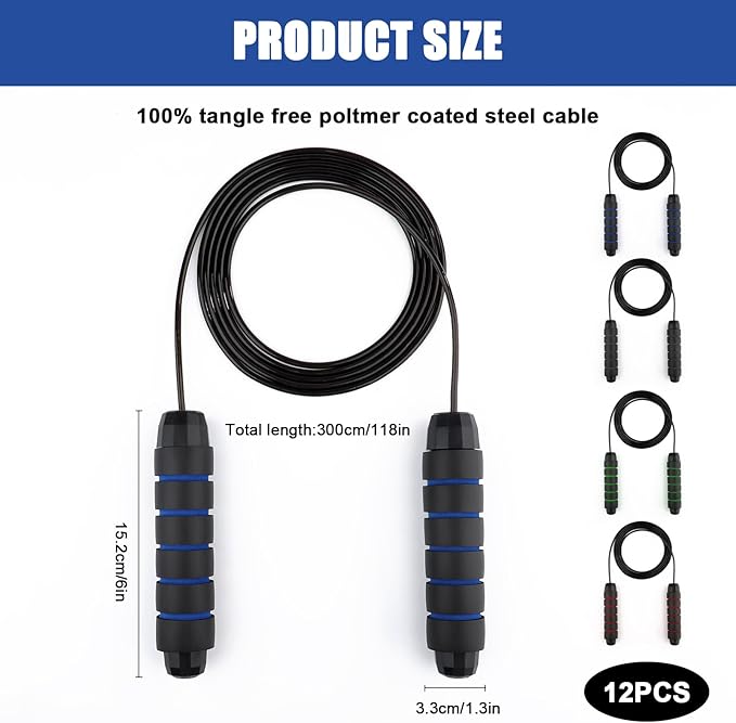 12Pcs Jump Ropes with Ball Bearings,Adjustable Skipping Rope with Soft Foam Handles,Tangle-Free Rapid Speed Jumping Rope for Fitness Workout Aerobic Exercise(4 Colors)