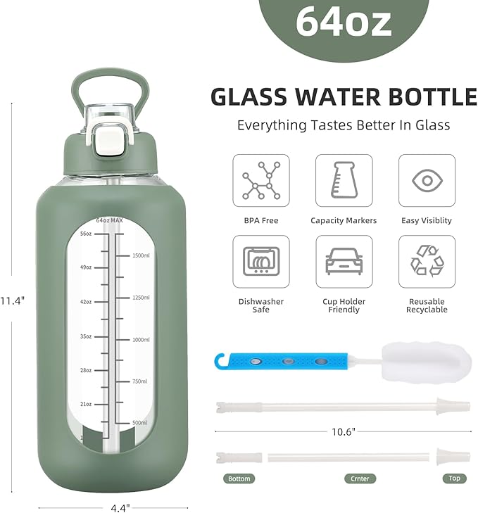 64 oz Glass Water Bolttles with Straw Half Gallon Large Motivational Water Bottle with Time Marker Sports Water Bottles with Silicone Sleeve and Handle Lid Water Jug for Gym Workout