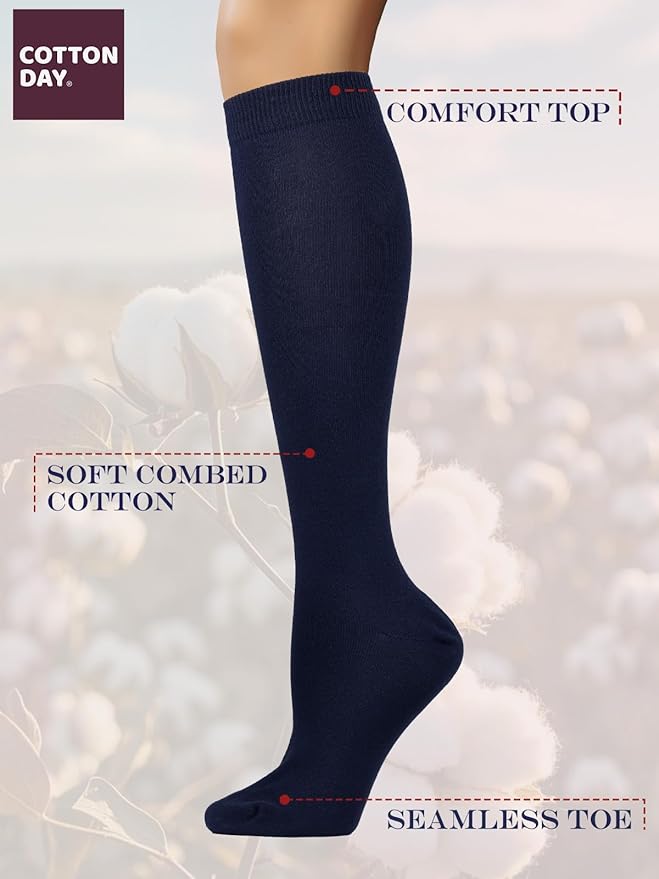 COTTON DAY Women's Soft Combed Cotton Knee High Long Calf Dress Socks Seamless Toe Black White Gray Navy Blue Brown