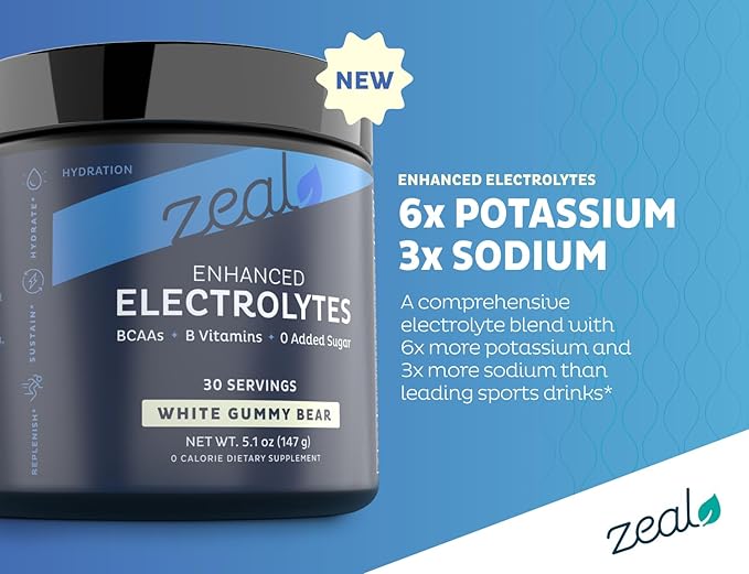 Zeal Electrolyte Powder Recovery Drink (30 Servings | White Gummy Bear) w 0 Sugar +BCAAs +B-Vitamins Electrolyte Supplement w Potassium Zinc & Magnesium for Hydration - Keto Electrolytes