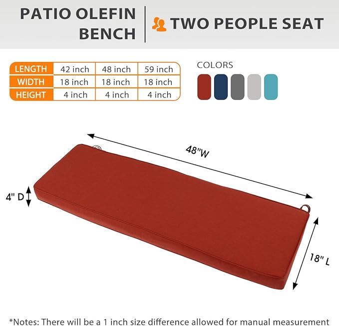 Sundale Outdoor Olefin Bench Cushion， Water-Resistant Patio Couch Cushion, Loveseat Sofa Pad with Straps Red, 48 x 18 x 4 Inches