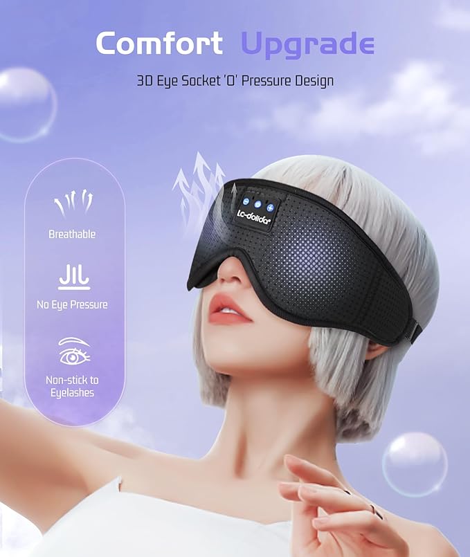 LC-dolida Sleep Headphones, Sleep Mask Bluetooth Wireless Music Eye Mask, Sleeping Headphones for Side Sleepers Sleep Mask with Bluetooth Headphones Ultra-Thin Stereo Speakers Perfect for Sleeping