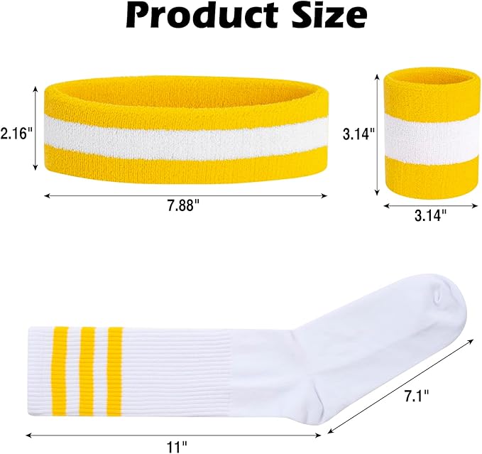 ONUPGO 5 Pieces Sweatbands Striped Socks Set Sports Headband Wristbands High Tube Socks 80s Accessories Costumes