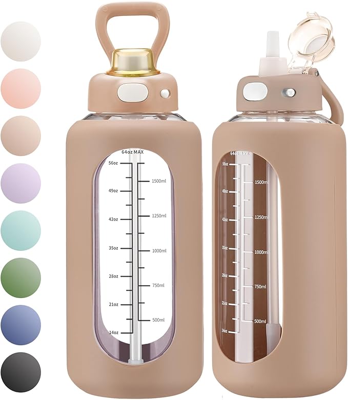 SIEROZUR 42 oz Glass Water Bottle with Straw and Handle, Large Sports Motivational Water Bottle Flask with Time Marker Leakproof Water Jug with Silicone Sleeve for Gym
