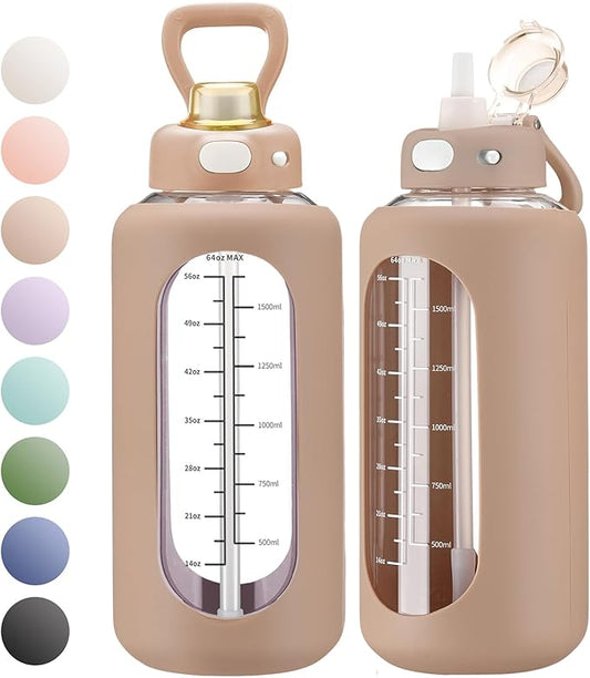 SIEROZUR 42 oz Glass Water Bottle with Straw and Handle, Large Sports Motivational Water Bottle Flask with Time Marker Leakproof Water Jug with Silicone Sleeve for Gym