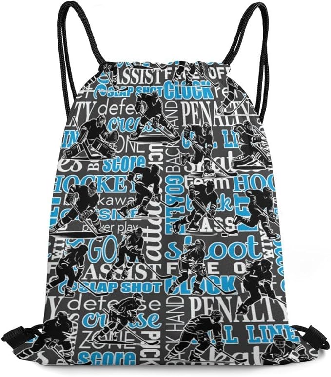 Hockey Drawstring Backpack - Cool Cinch Sack, String Backpacks for Kids Women Men Boys Girls for Gym Outdoor Sports Travel Athletic Drawstring Bag - Lightweight/Foldable