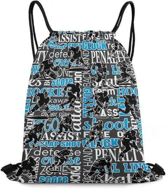 Hockey Drawstring Backpack - Cool Cinch Sack, String Backpacks for Kids Women Men Boys Girls for Gym Outdoor Sports Travel Athletic Drawstring Bag - Lightweight/Foldable
