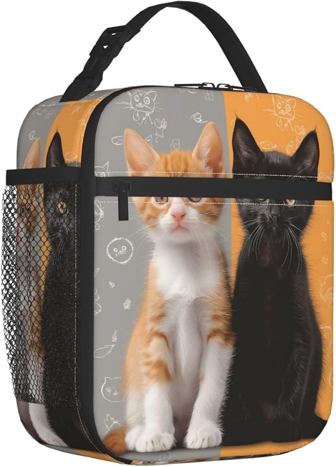 Insulated Lunch Box for Women Men, Yellow and Black Cat Lunch Box Reusable Portable Lunch Bag Cooler Tote Waterproof Lunch Container for Office Picnic Work Travel Hiking