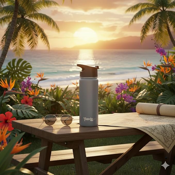 Travel Water Bottle with 3 Lids (Spout, Straw, Flip) Leak Proof, Quality, Vacuum Insulated, Stainless Steel (Gray, 18 oz)