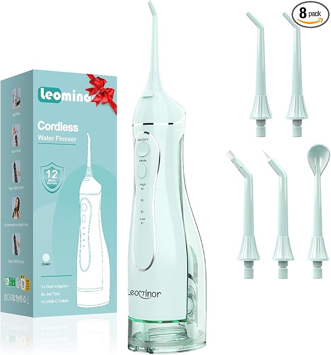 Leominor Water Dental Flosser Pick for Teeth, 300ML Portable Oral Irrigator Upgraded Tank Removable,IPX7 Waterproof, Rechargeable Travel Teeth Cleaner, Professional Electric Flossing (Green)