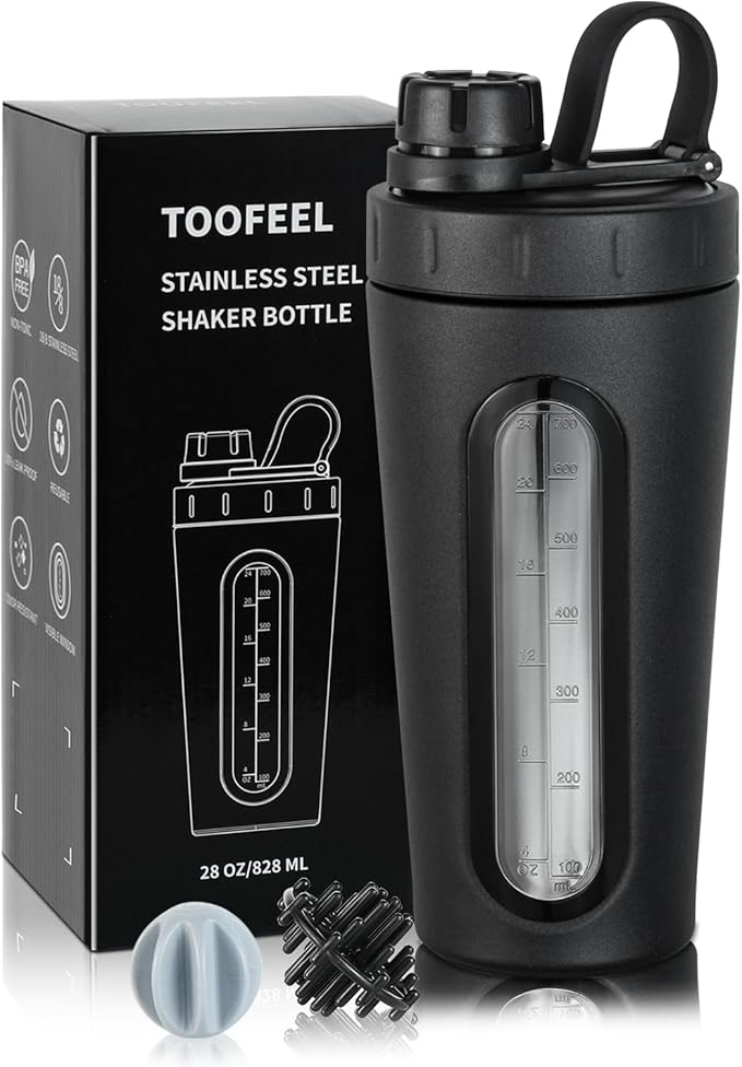 TOOFEEL Stainless Steel Shaker - 28 oz Metal Cup for Protein Shakes, 2 Whisk Balls, Not Stays Cold/Hot, Visible Window, Gym Workout Leakproof