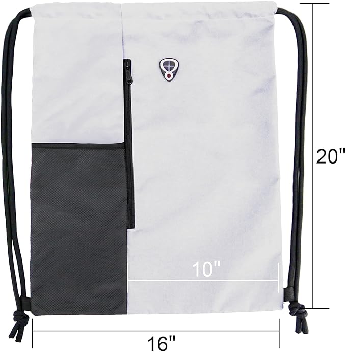 BeeGreen White Drawstring Backpack Gym Bag For Men & Women – Sports Sackpack with Mesh Water Bottle Holder & 2 Zippered Pockets – Large 16x20 Inch Cinch String Backpack Workout Bag for Running, Travel