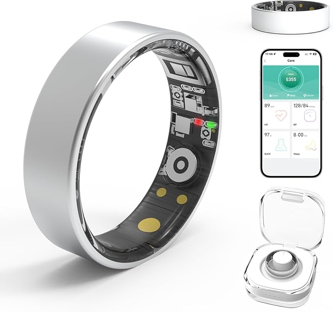 Smart Rings for Women Men,Fitness Tracker Ring,Heart Rate,Blood Oxygen,Blood Pressure,Step Tracker,Sleep Monitoring,No Subscription Fee,IP68 Waterproof Smart Ring for iphone&Android(Silver 8)