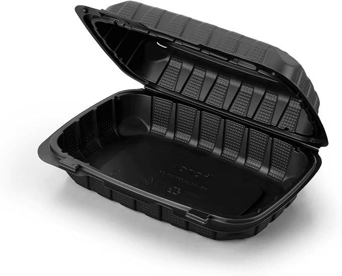 KARAT EARTH Clamshell Take Out Food Containers [9"x6" - 250 ct] To Go Containers | Microwavable, Freezer Safe, Soak-Resistant, Durable, Stackable | Vented for Hot/Cold Foods, Black