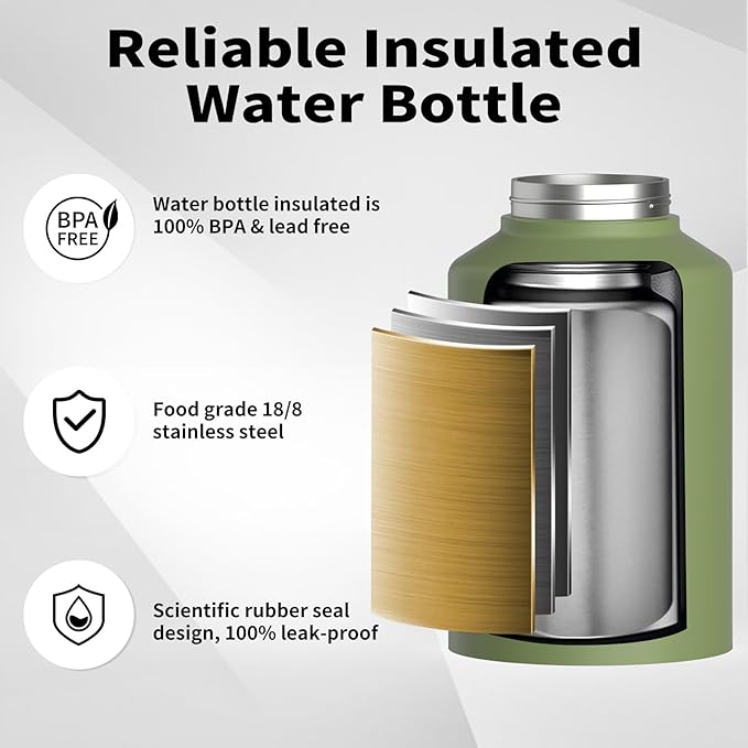 Half Gallon Water Bottle Insulated(Cold for 48 Hrs),BPA Free&Leak Proof,64oz Stainless Steel Water Jug/Flask,Big thermo,Large Water Bottle with Handle for Gym,Hiking,Camping,Olive Green