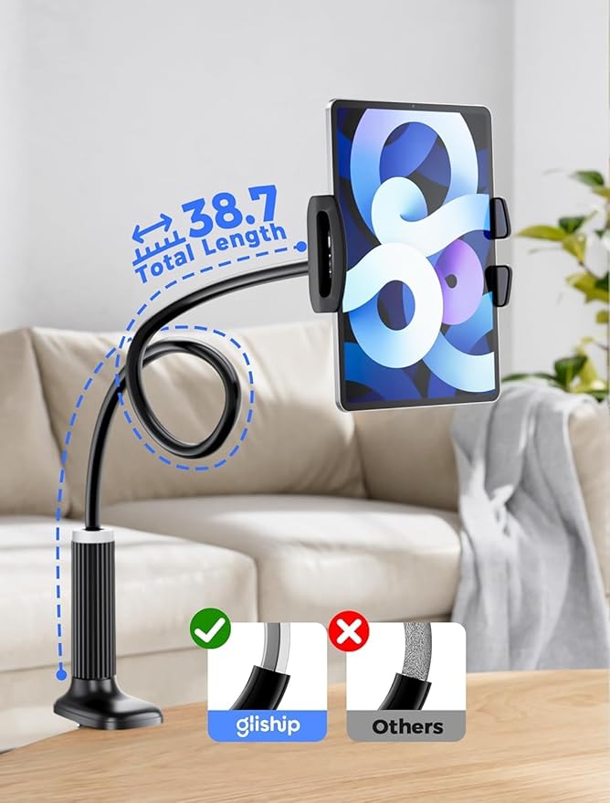 Gooseneck Tablet Holder, Tablet Stand : Flexible Arm Clip Tablet Mount Compatible with iPad mini Pro Air, Kindle, Switch, Galaxy Tabs, More 4.7-11" Devices-(Black)