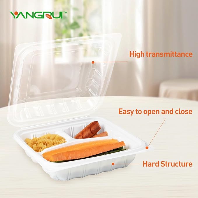 YANGRUI Plastic Containers 8" 34 oz 25 Pack - Reusable Fog Free Crystal Lid Technology | BPA Free PP Freezer & Microwave Safe Shrink-Sealed Takeout Box | White Restaurant 3 Compartment Food Container