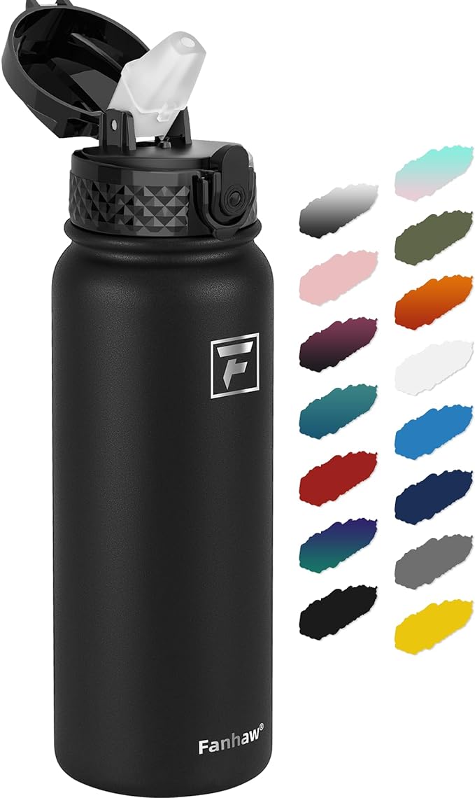 Fanhaw 20 Oz Stainless Steel Insulated Sports Water Bottles with Straw for Kids, Men and Women (Black)