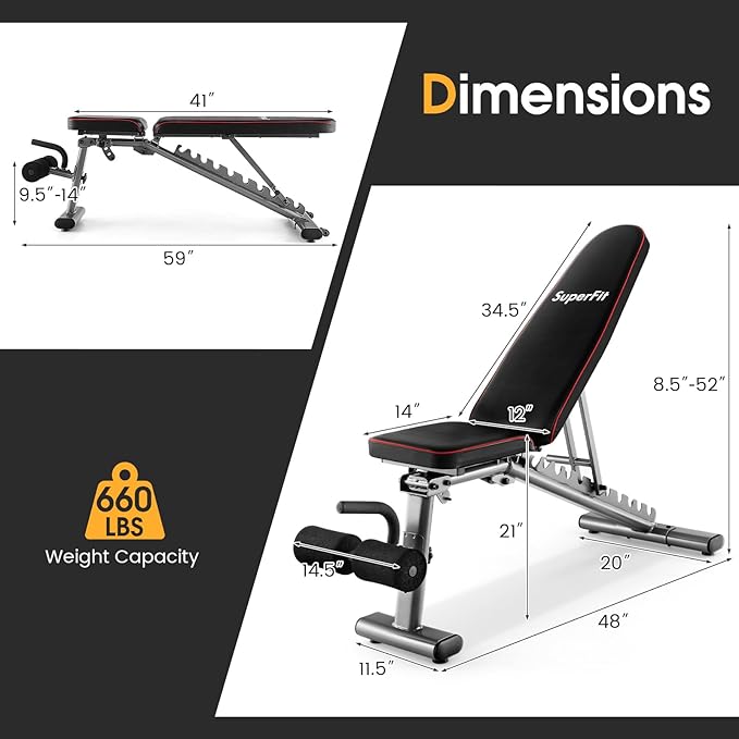 GYMAX Adjustable Weight Bench, 660lbs Strength Training Bench Press for Full Body Workout, Commercial Grade Decline Incline Flat Exercise Bench w/Built-in Wheels for Weight Lifting Fitness Equipment