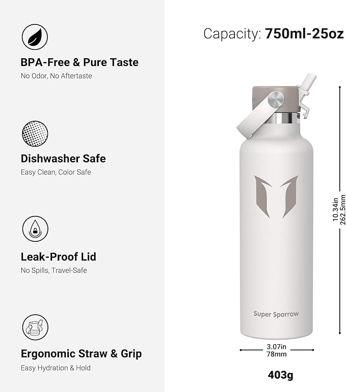 Super Sparrow Insulated Water Bottle - 17 Oz / 25 Oz / 32 Oz - Standard Mouth FlipFlow Flask - BPA Free, Leak Proof Drink Bottle- Ergonomic Straw Water Bottles for Work, Gym, Travel, Sports