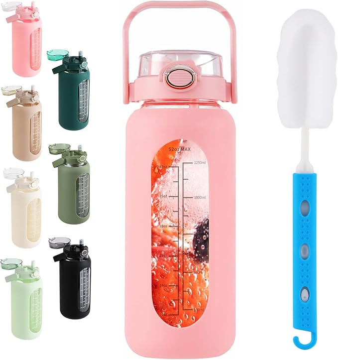 SIEROZUR 64oz Glass Water Bottle with Straw and Handle Lid Half Gallon Motivational Glass Bottle with Silicone Sleeve and Time Marker Large Reusable Sports Water Jug for Gym Home Workout