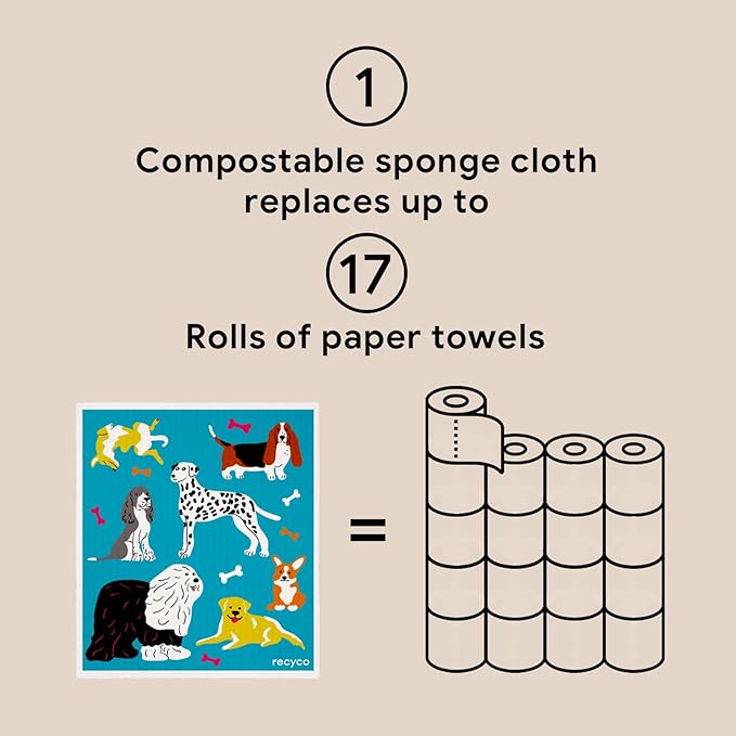 RECYCO Swedish Dishcloths for Kitchen | 6 Pack Doggy Daydreams Washable Dish Rags | Cellulose Reusable Cleaning Paper Towels | Absorbent Counter Dish Cloth Sponge Kitchen Wipes, 8" L x 7" W