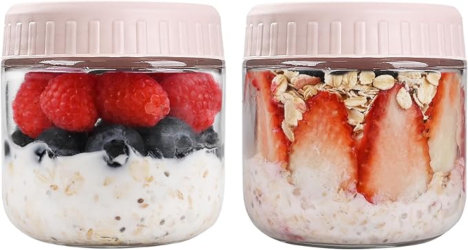Overnight Oats Containers with Lids, 10oz Glass Jars with Lids 2 pcs, Pink, Wide Mouth Mason jars for Salad, Yogurt, Snacks, Meal Prep