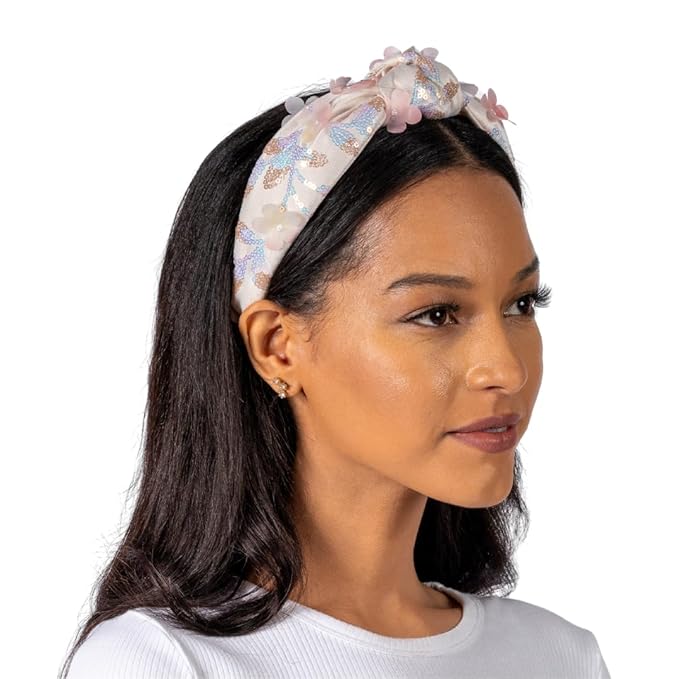 Knotted Headband for Women (White with Pink Florals), Wide Knotted Headband in White Satin with Pink Floral Appliques and Sequins