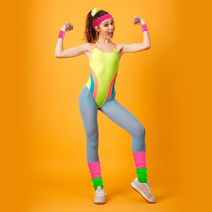 Haysandy 4 Sets 80s 90s Leg Warmers Set for Women Costume Neon Headband Rainbow Wristbands for Sport Yoga Workout Clothes