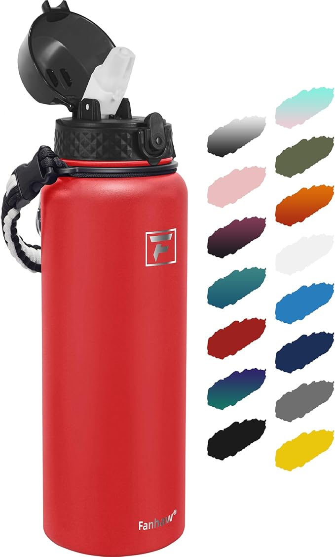 Fanhaw 40 Oz Stainless Steel Insulated Sports Water Bottles with Straw for Kids, Men and Women (Red)