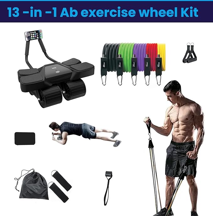 2025 New 4-Wheel Abdominal Roller with Elbow Support : Latest Upgraded High-Performance Exercise Machine With Automatic Rebound, Multi- layered Anti-Slip Design with Calorie Counting LCD Screen
