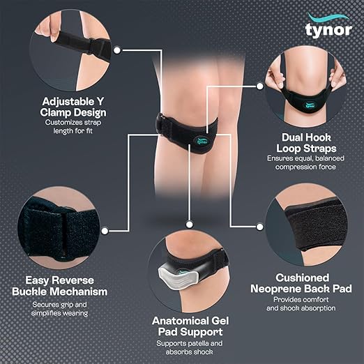 TYNOR Patellar Tendon Knee Support Strap Adjustable Neoprene Knee Stabilizer Band With Gel Pad Knee Brace For Knee Pain, Tendonitis, Running, Hiking, Basketball Volleyball Tennis, One Size, 1 Pair