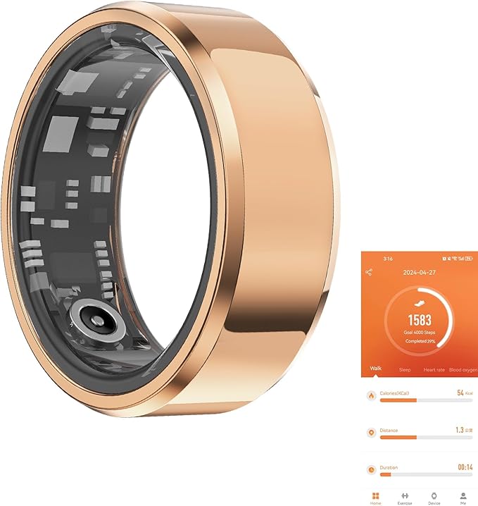 Fitness Tracker Smart Ring,Step Counter,Heart Rate Blood Oxygen Sleep Tracker Health Ring, 5ATM Waterproof Long Battery Life Smart Rings Compatible with iOS & Android (Rose Gold, US 9)