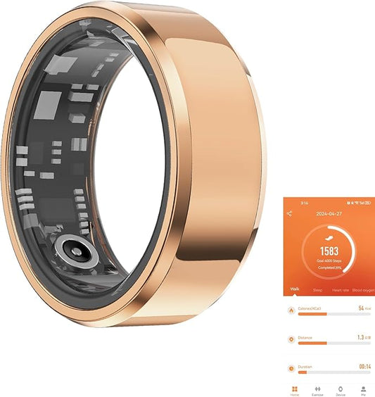 Fitness Tracker Smart Ring,Step Counter,Heart Rate Blood Oxygen Sleep Tracker Health Ring, 5ATM Waterproof Long Battery Life Smart Rings Compatible with iOS & Android (Rose Gold, US 9)
