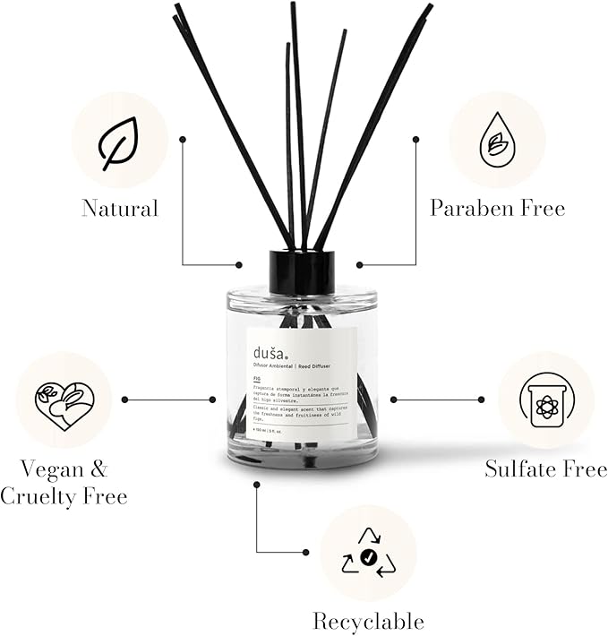 Duša Grapefruit Reed Diffuser & Sticks - 5 Fl Oz Essential Home Fragrance for Bathroom, Office & Living Spaces – Stylish & Long-Lasting Room Air Freshener - Ideal for Housewarming & Special Occasions