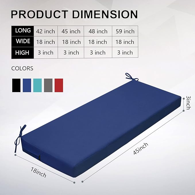 idee-home Outdoor Bench Cushion Waterproof, Bench Cushions for Outdoor Furniture, Patio Porch Swing Replacement Seat Pad with Ties for Garden Backyard, 45 x 18 Inch Navy Blue