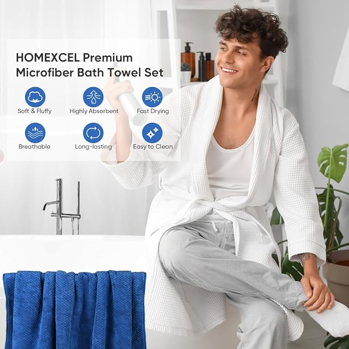 HOMEXCEL Bath Towels Pack of 2, (27 x 54 Inches) Microfiber Ultra Soft Highly Absorbent Bath Towel Set, Lightweight and Quick Drying Towels for Body, Sport, Yoga, SPA, Fitness, Blue