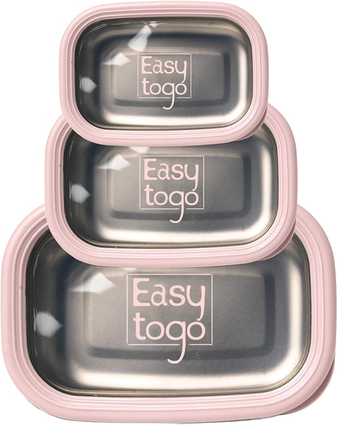 3 Pack Stainless Steel Food Containers with Silicon Lid & Non-Slip Exterior, LeakProof, Airtight Rectangular Portion Control Storage Lunch Box, Togo Lunch Containers for Adults - Pink
