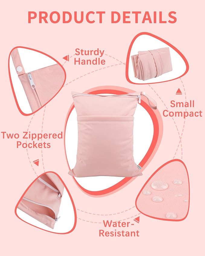 babygoal Wet Dry Bags for Baby Cloth Diapers, Washable Travel Bags, Beach, Pool, Gym Bag for Swimsuits & Wet Clothes with 2 Pockets 3 Pack 3LN09