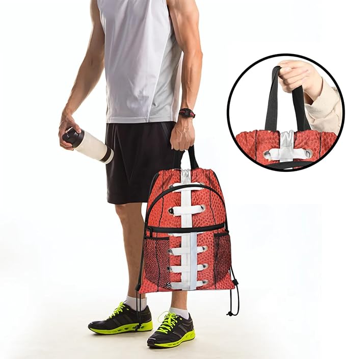 Football Laces Drawstring Backpack,Waterproof Sports Gym Bag with Shoes Compartment and Bottle Holder,Travel Tote Bags for Beach,Swimming,Yoga Gifts